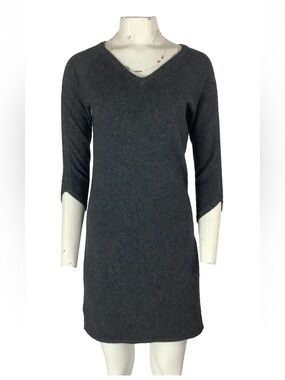 Qi Cashmere Sz M 100% Cashmere V Neck Sheath Pullover Sweater Dress Gray